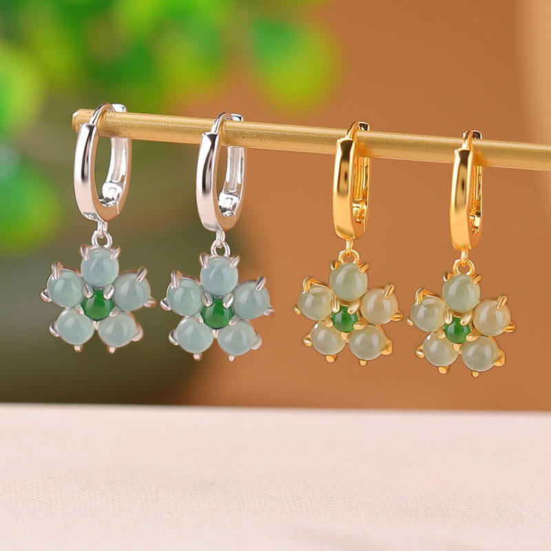 KarmaRipple's 925 Sterling Silver Plated Gold Green Jade Flower Design Fortune Prosperity Earrings p7