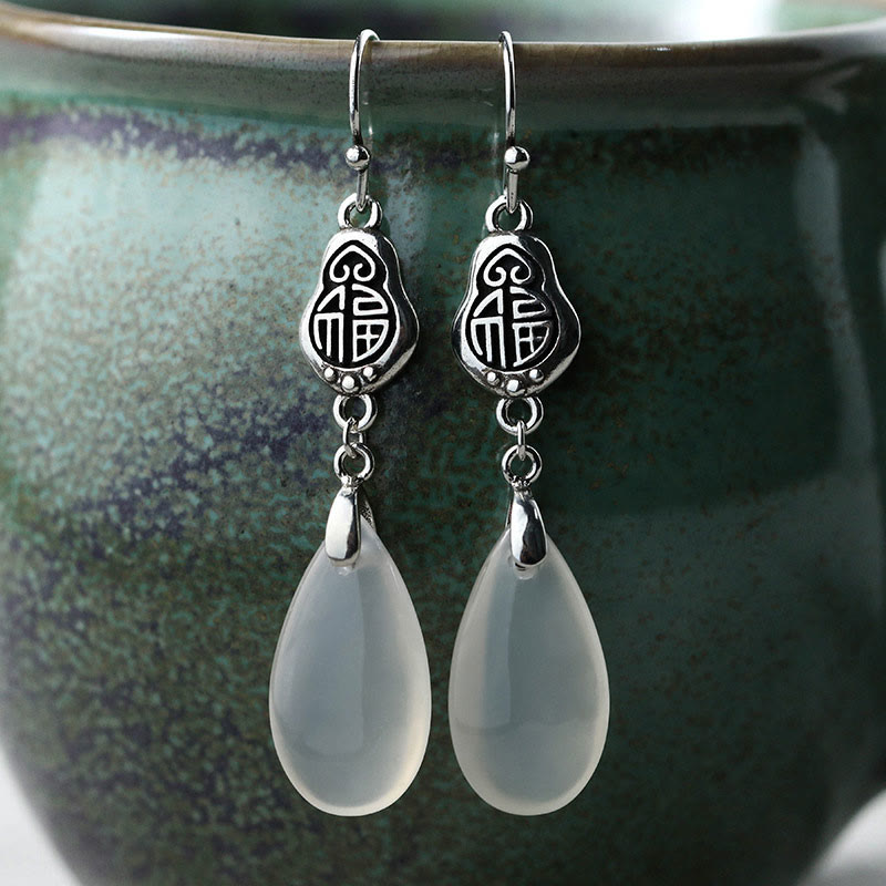 KarmaRipple's 925 Sterling Silver Posts Authentic Chalcedony Fu Character Positive Balance Earrings p9