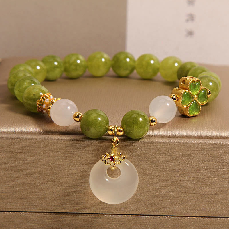 KarmaRipple's Green Tourmaline Chalcedony Four Leaf Clover Peace Buckle Talisman Wisdom Bracelet p9