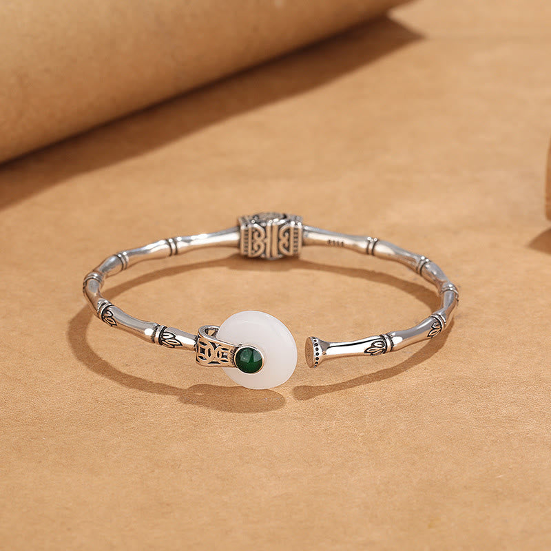 KarmaRipple's Ivory Jade Peace Buckle Bamboo Design Fortune Bronze Cuff Bracelet Bangle p2