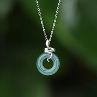 KarmaRipple's 925 Sterling Silver 18K Gold Jade Peace Buckle Spirit Snake Peace Pendant Necklace