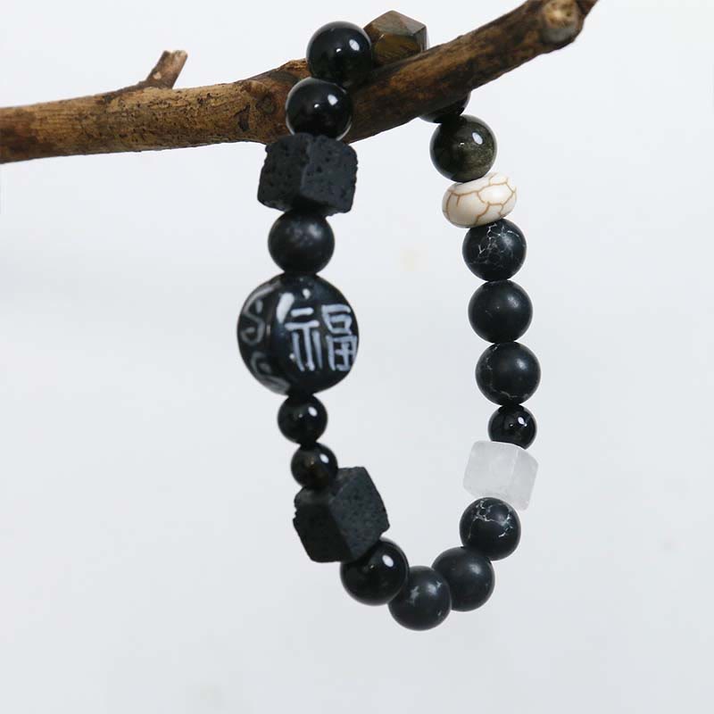 KarmaRipple's Black Onyx Ceramics Agate Black Glitter Stone Fortune Fu Character Bracelet p11
