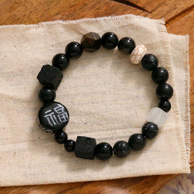KarmaRipple's Black Onyx Ceramics Agate Black Glitter Stone Fortune Fu Character Bracelet p14