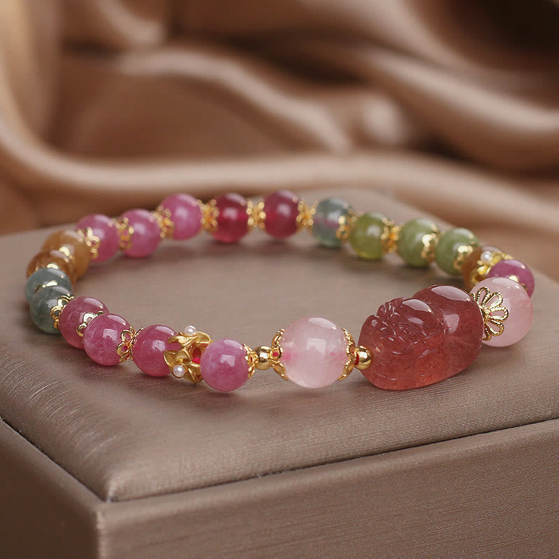 KarmaRipple's Tourmaline Strawberry Quartz Pink Gemstone PIXIU Love Bracelet p14