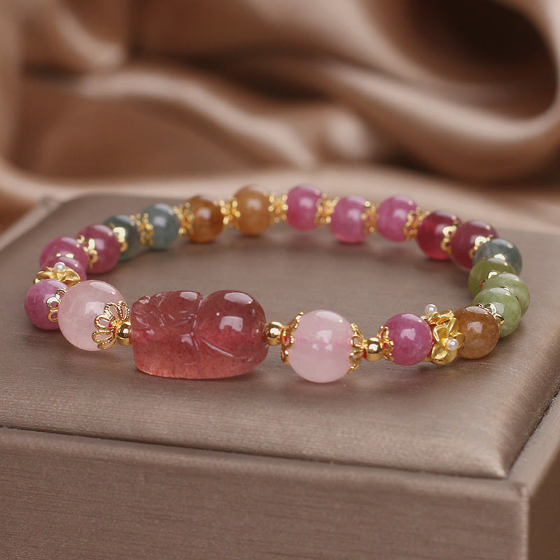 KarmaRipple's Tourmaline Strawberry Quartz Pink Gemstone PIXIU Love Bracelet p16
