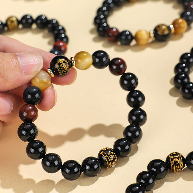 KarmaRipple's Black Onyx Tiger Eye Om Mani Padme Hum Chinese Zodiac Natal Buddha Support Bracelet p22