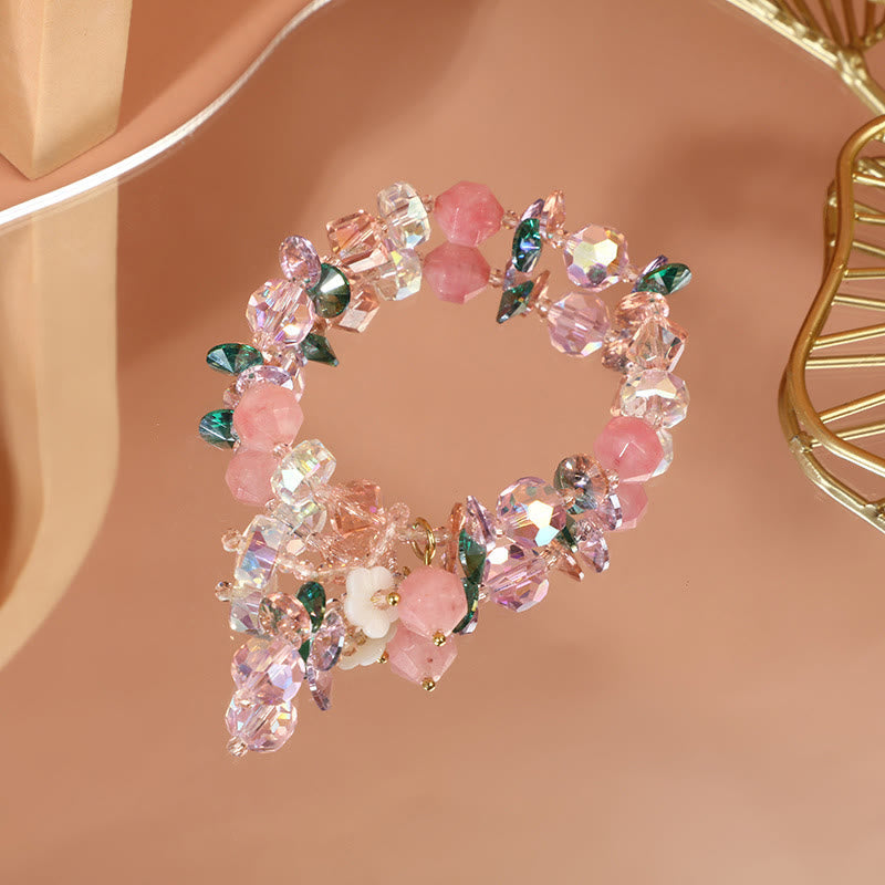 KarmaRipple's Pink Gemstone Green Gemstone Ivory Gemstone Flower Warmth Bracelet p19
