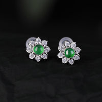 KarmaRipple's 925 Sterling Silver Round Jade Flower Prosperity Earrings