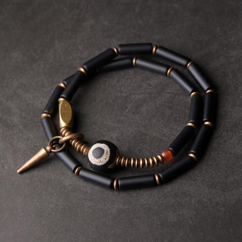 KarmaRipple's Black Onyx Bronze Dzi Bead Cone Necklace Double Wrap Protection Bracelet p12