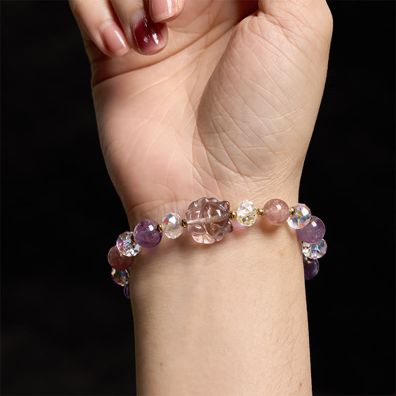 KarmaRipple's Amethyst Strawberry Quartz Ivory Gemstone Nine Tailed Fox Meditation Bracelet p1