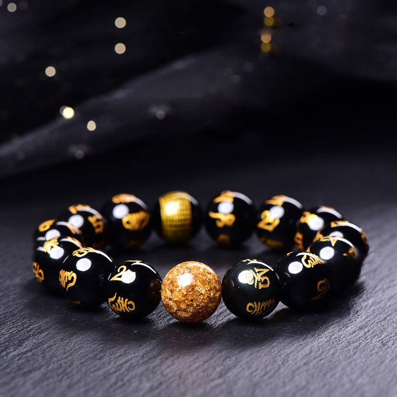 KarmaRipple's Six True Words Om Mani Padme Hum Rainbow Obsidian Gold Foil Creativity Bracelet p11