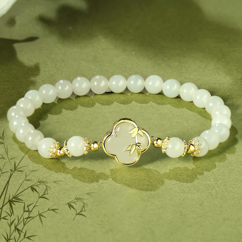 KarmaRipple's Hetian Jade 925 Sterling Silver Four Leaf Clover Bamboo Fortune Bracelet p1
