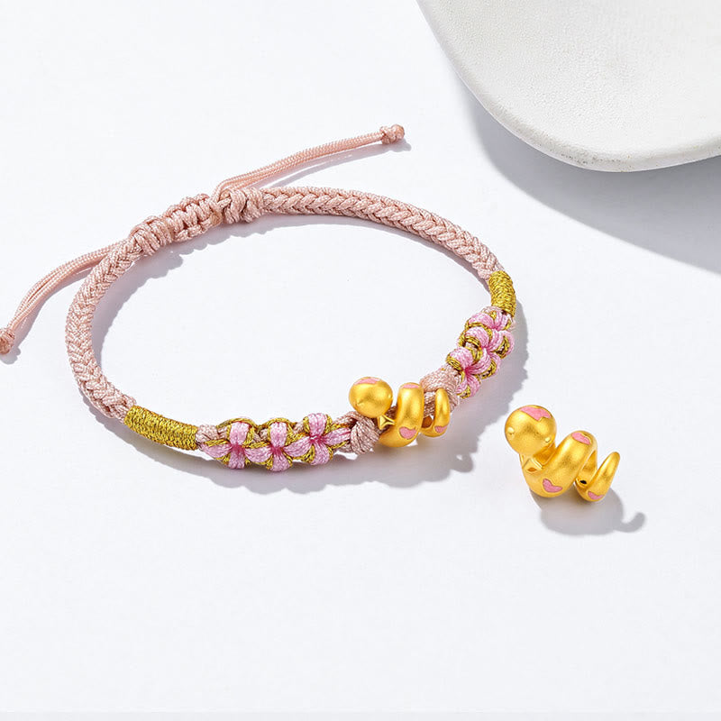 KarmaRipple's 999 Gold Beadwork Enamel Pink Rope Year Of The Snake Fortune Bracelet p2