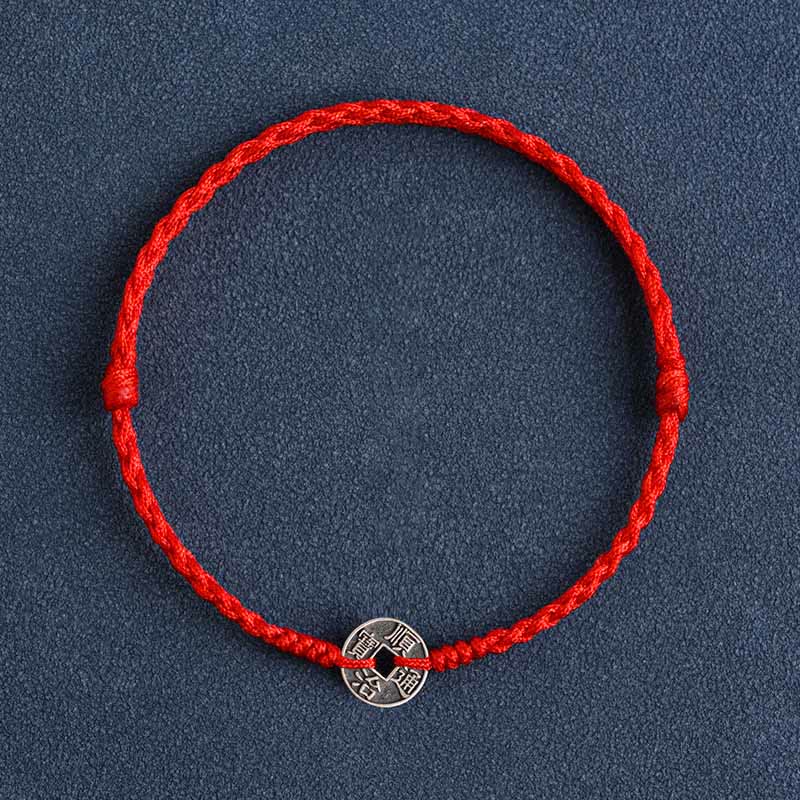 KarmaRipple's 925 Sterling Silver Five Emperor Coins Red String Protection Fortune Woven Bracelet Anklet p23