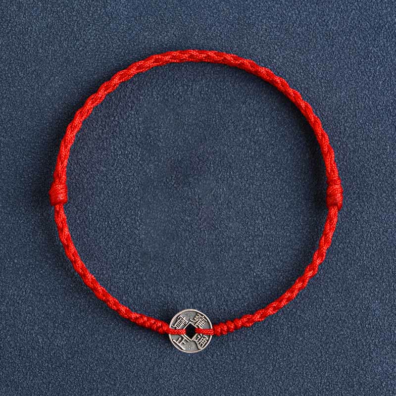 KarmaRipple's 925 Sterling Silver Five Emperor Coins Red String Protection Fortune Woven Bracelet Anklet p20