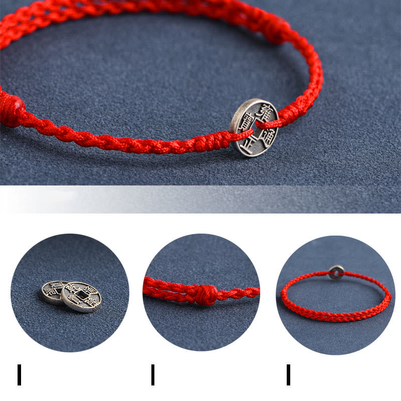 KarmaRipple's 925 Sterling Silver Five Emperor Coins Red String Protection Fortune Woven Bracelet Anklet p9