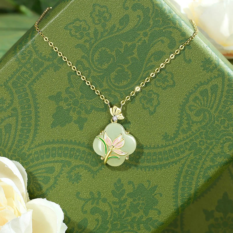 KarmaRipple's 925 Sterling Silver Magnolia Butterfly Hetian Jade Four Leaf Clover Blessing Earrings Pendant Necklace p13