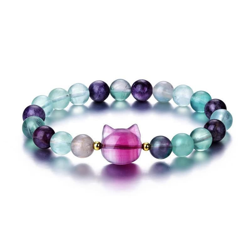 KarmaRipple's Amethyst Green Aventurine Rose Quartz Fluorite Cat Head Balance Fortune Bracelet p18