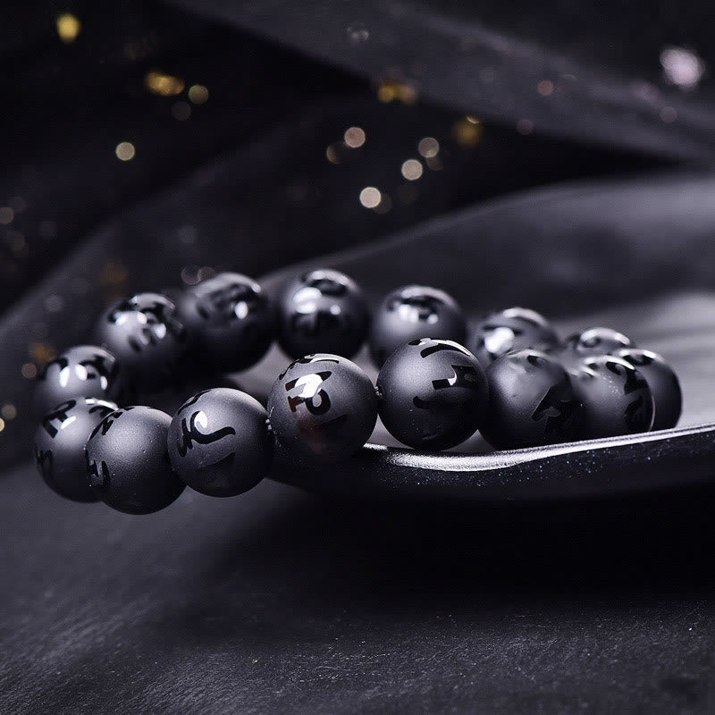 KarmaRipple's Authentic Black Onyx Om Mani Padme Hum Carved Protection Bracelet p4