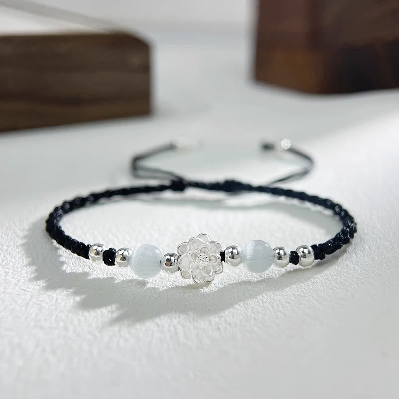 KarmaRipple's 999 Sterling Silver Lotus Design Cat's Eye Bead Protection String Bracelet p18