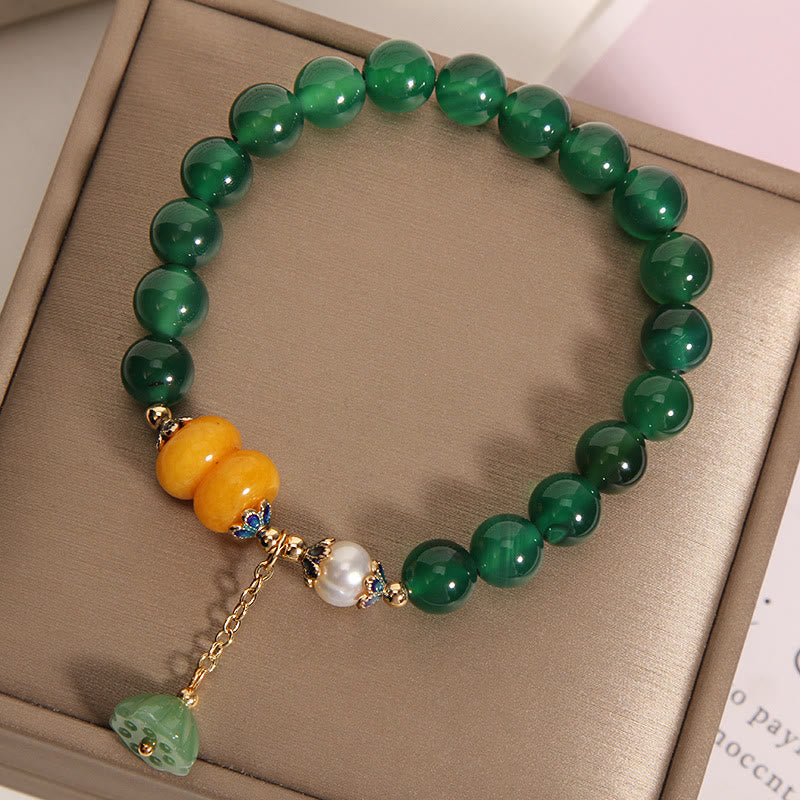 KarmaRipple's Green Agate Amber Pearl Lotus Pod Support Bracelet p2