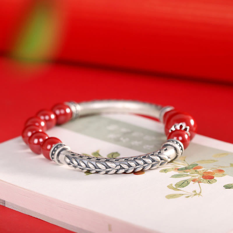 KarmaRipple's 999 Sterling Silver Cinnabar Wheat Ears Blessing Bracelet Bangle p5