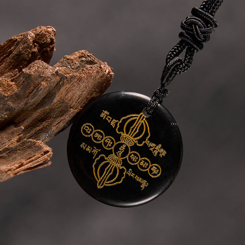 KarmaRipple's Vajra Dorje Sanskrit Pattern Authentic Various Gemstone Black Obsidian Fulfilment Pendant Necklace p8