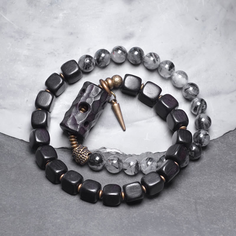 KarmaRipple's Ebony Wood Black Rutilated Quartz Bronze Brass Double Wrap Balance Bracelet p14