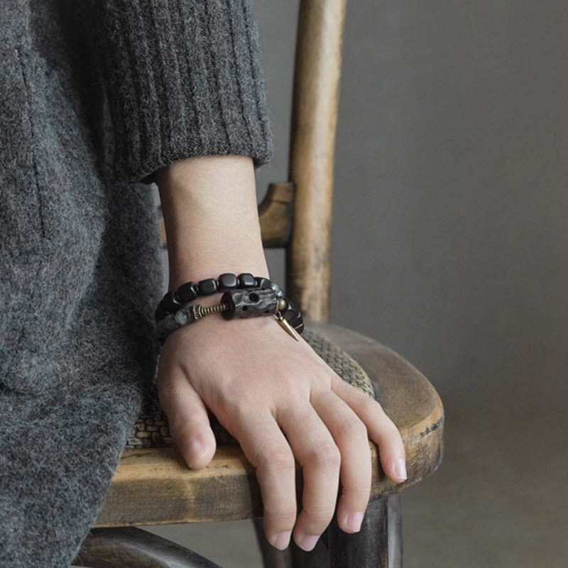 KarmaRipple's Ebony Wood Black Rutilated Quartz Bronze Brass Double Wrap Balance Bracelet p12