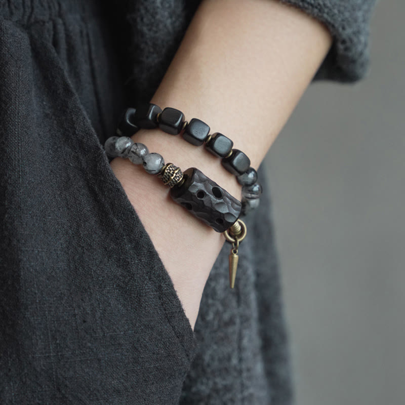 KarmaRipple's Ebony Wood Black Rutilated Quartz Bronze Brass Double Wrap Balance Bracelet p5