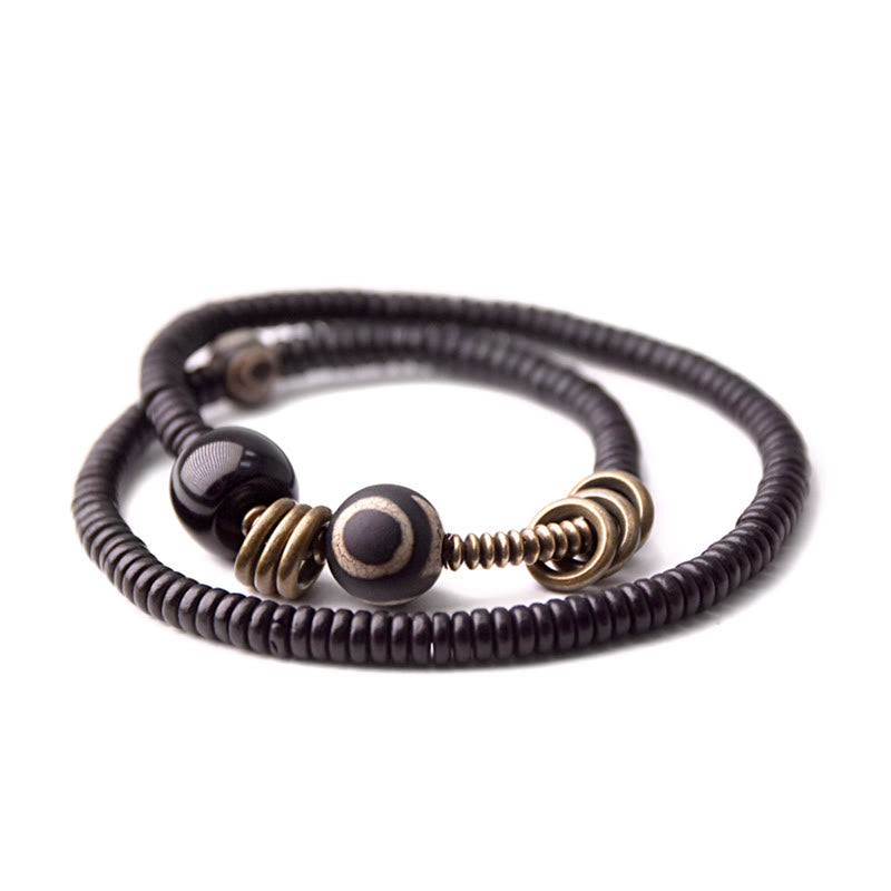 KarmaRipple's Ebony Wood Green Sandalwood Bronze Brass Dzi Bead Black Onyx Calm Double Wrap Bracelet p20
