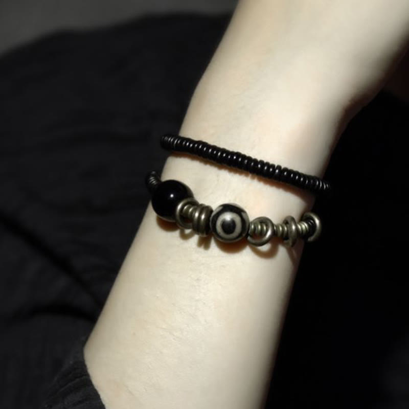 KarmaRipple's Ebony Wood Green Sandalwood Bronze Brass Dzi Bead Black Onyx Calm Double Wrap Bracelet p17