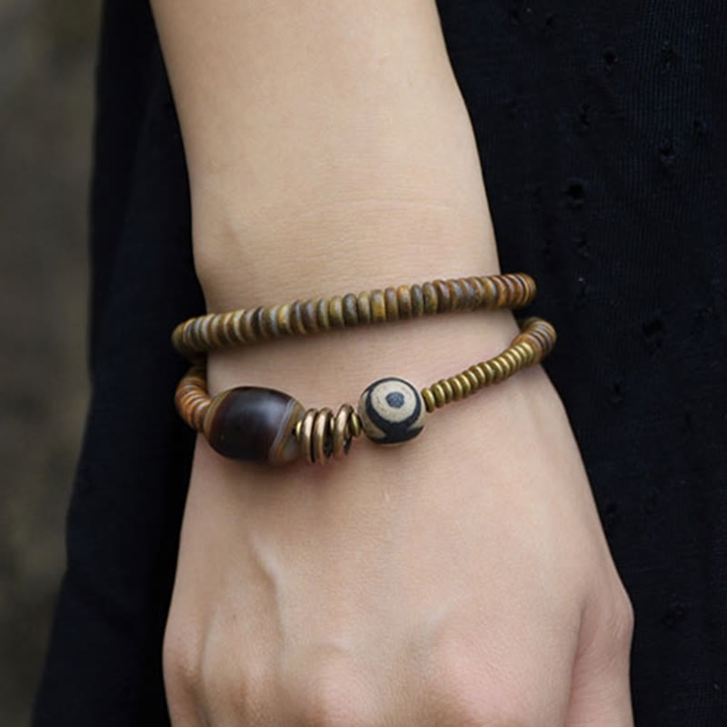 KarmaRipple's Ebony Wood Green Sandalwood Bronze Brass Dzi Bead Black Onyx Calm Double Wrap Bracelet p24