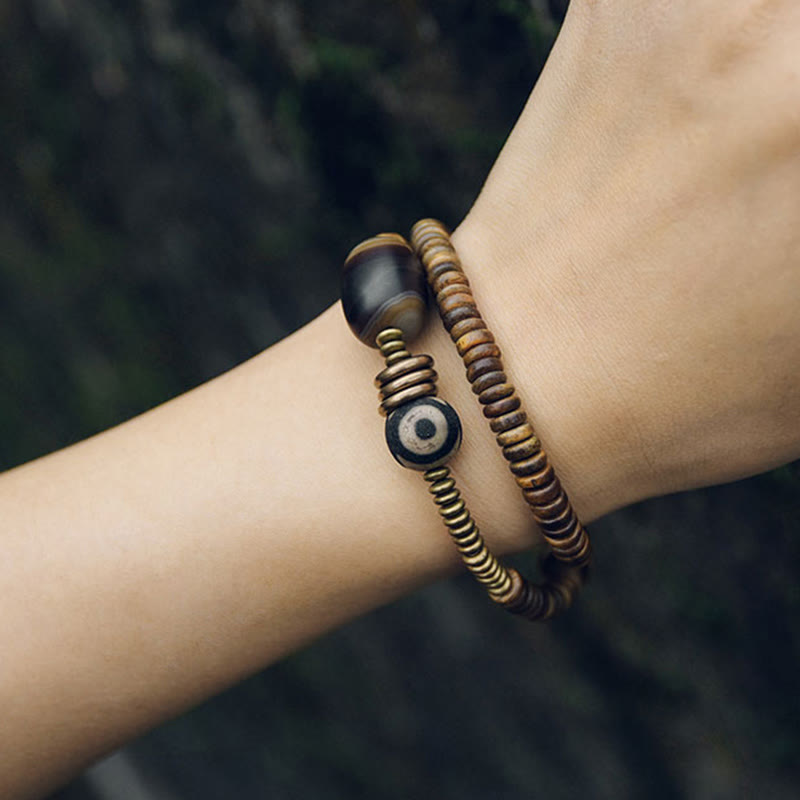 KarmaRipple's Ebony Wood Green Sandalwood Bronze Brass Dzi Bead Black Onyx Calm Double Wrap Bracelet p23