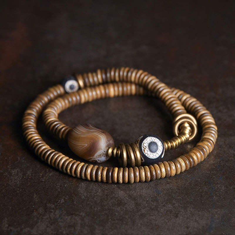KarmaRipple's Ebony Wood Green Sandalwood Bronze Brass Dzi Bead Black Onyx Calm Double Wrap Bracelet p35