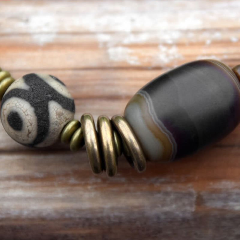KarmaRipple's Ebony Wood Green Sandalwood Bronze Brass Dzi Bead Black Onyx Calm Double Wrap Bracelet p27