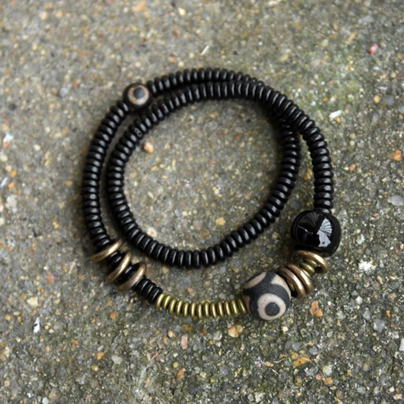 KarmaRipple's Ebony Wood Green Sandalwood Bronze Brass Dzi Bead Black Onyx Calm Double Wrap Bracelet p3