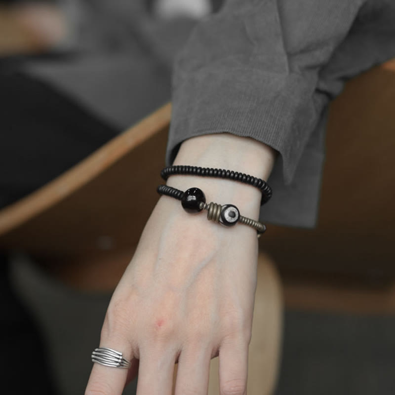 KarmaRipple's Ebony Wood Green Sandalwood Bronze Brass Dzi Bead Black Onyx Calm Double Wrap Bracelet p16