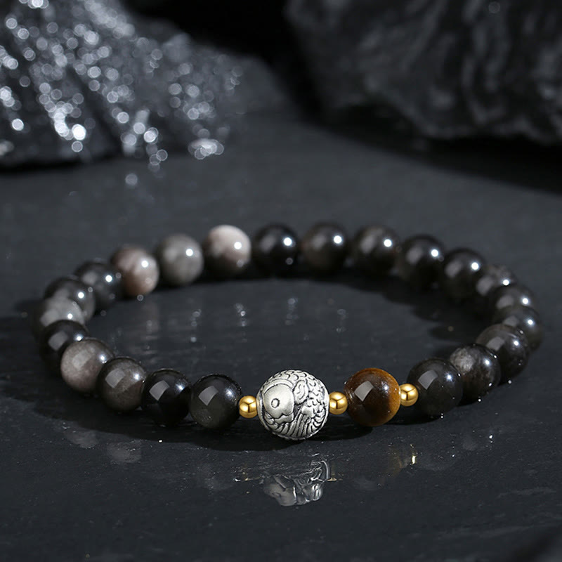 KarmaRipple's Black Obsidian 999 Sterling Silver Tiger Eye 925 Sterling Silver Koi Fish Purification Bracelet p11