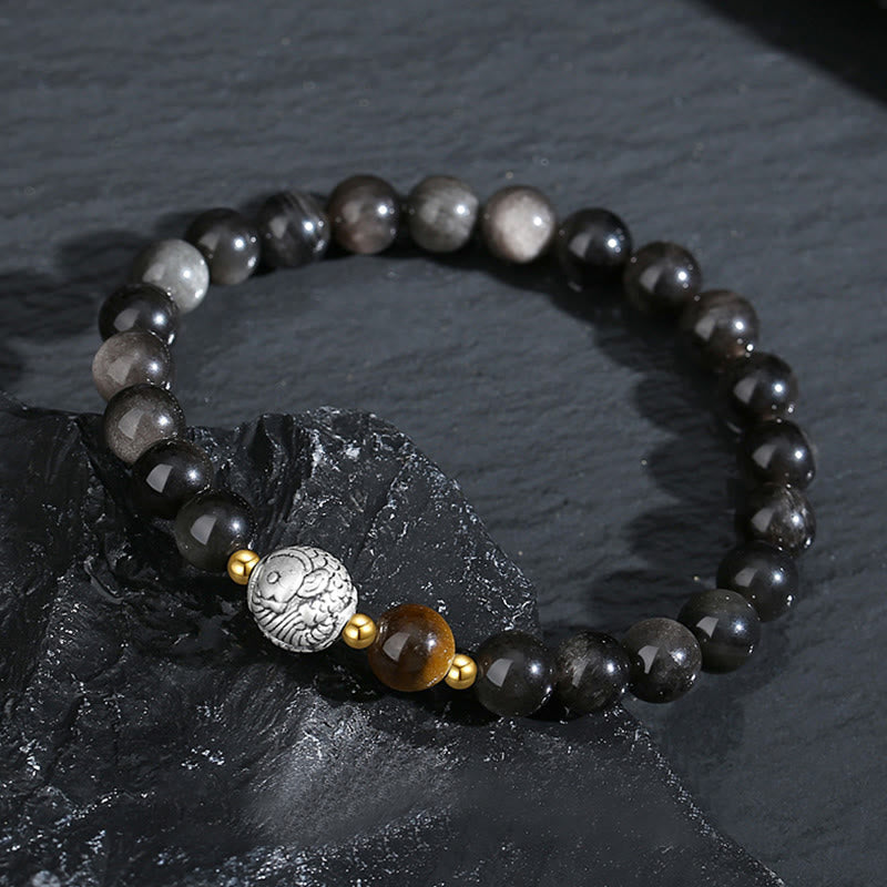 KarmaRipple's Black Obsidian 999 Sterling Silver Tiger Eye 925 Sterling Silver Koi Fish Purification Bracelet p3