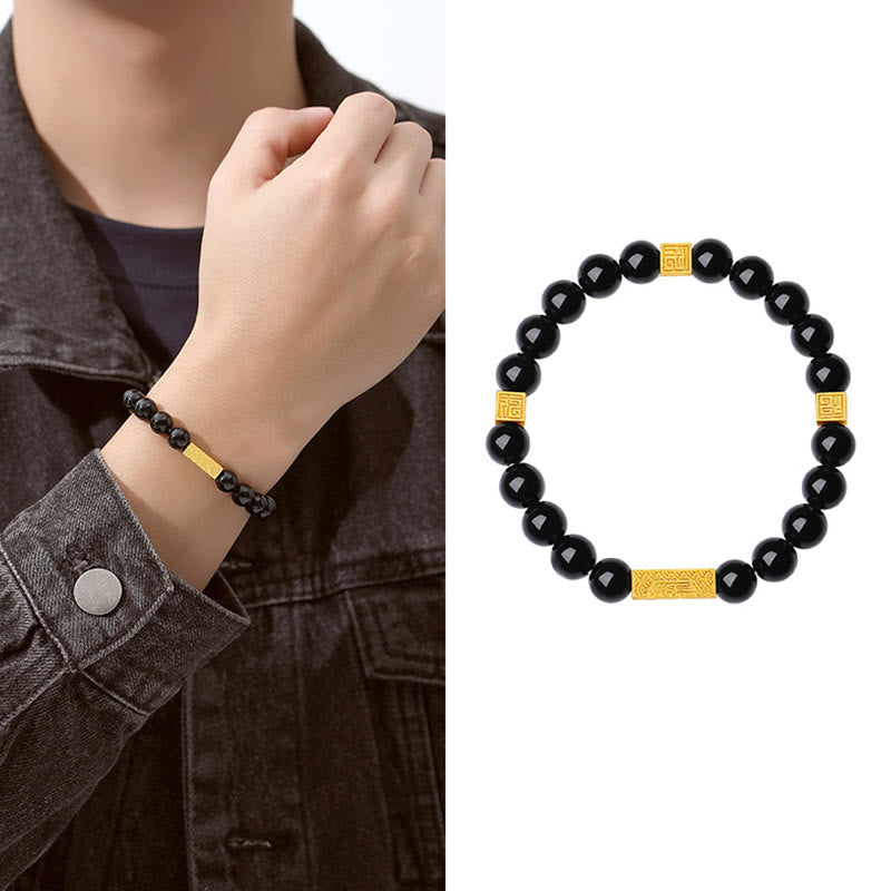 KarmaRipple's Black Obsidian 925 Sterling Silver Fu Character Cube Strength Bracelet p12