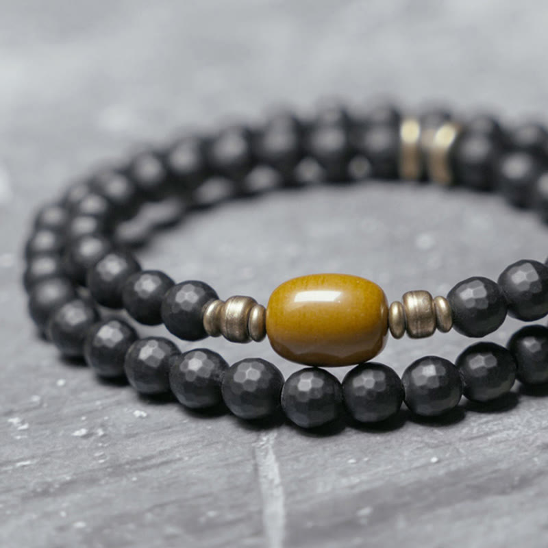 KarmaRipple's Frosted Cut Surface Black Onyx Topaz Beadwork Double Wrap Protection Bracelet p3