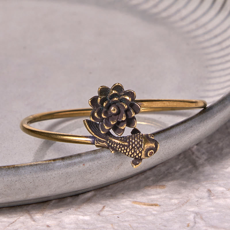 KarmaRipple's Lotus Flower Koi Fish Bronze Brass Enlightenment Fortune Bracelet Bangle p4
