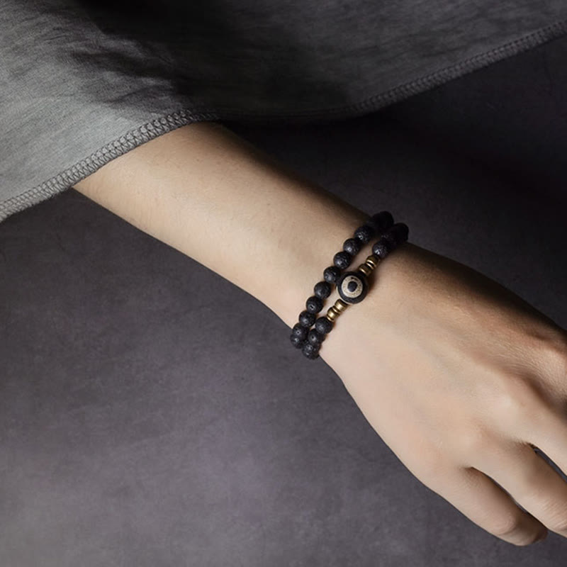 KarmaRipple's Vintage Lava Rock Three-eyed Dzi Bead Bronze Brass Beadwork Double Wrap Balancing Bracelet p11