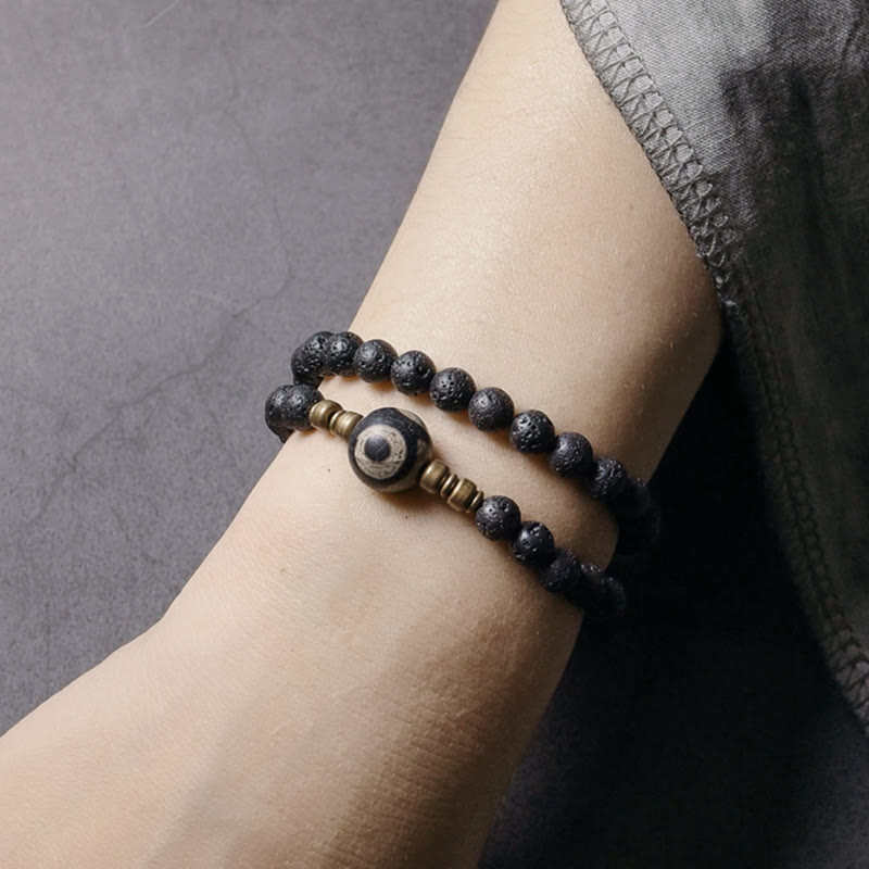 KarmaRipple's Vintage Lava Rock Three-eyed Dzi Bead Bronze Brass Beadwork Double Wrap Balancing Bracelet p4