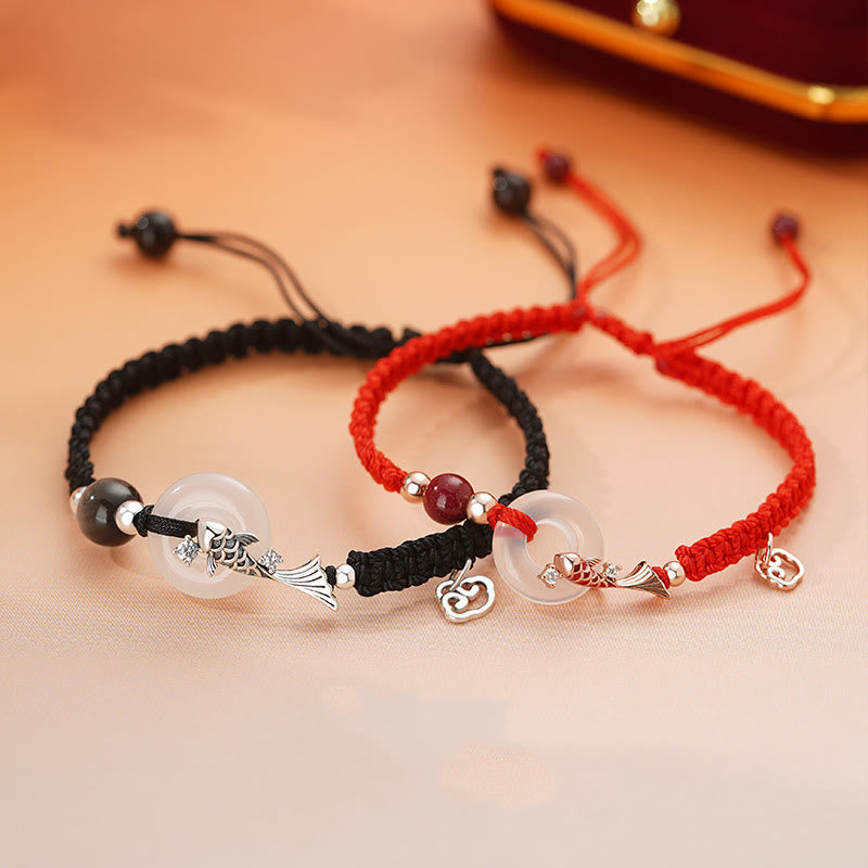KarmaRipple's Handmade Chalcedony Peace Buckle Koi Fish 925 Sterling Silver Woven String Positive Couple's Bracelet p4