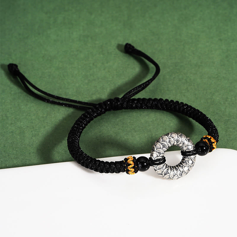 KarmaRipple's Handmade Black Onyx 999 Sterling Silver Peace Buckle Dragon Black String Fortune Woven Bracelet p4
