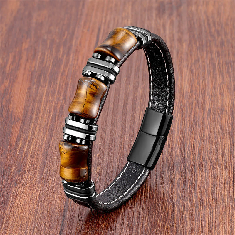 KarmaRipple's Tiger Eye Three Bamboo Stone Protection Power Leather Bracelet p20