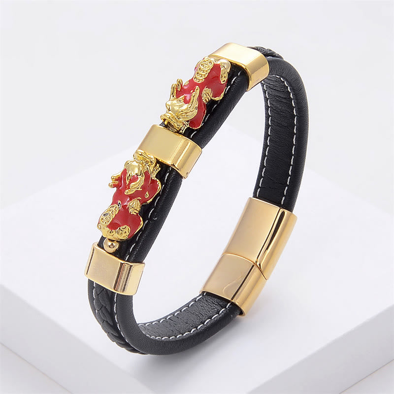 KarmaRipple's Double PiXiu Wealth Fortune Leather Magnetic Buckle Bracelet p27