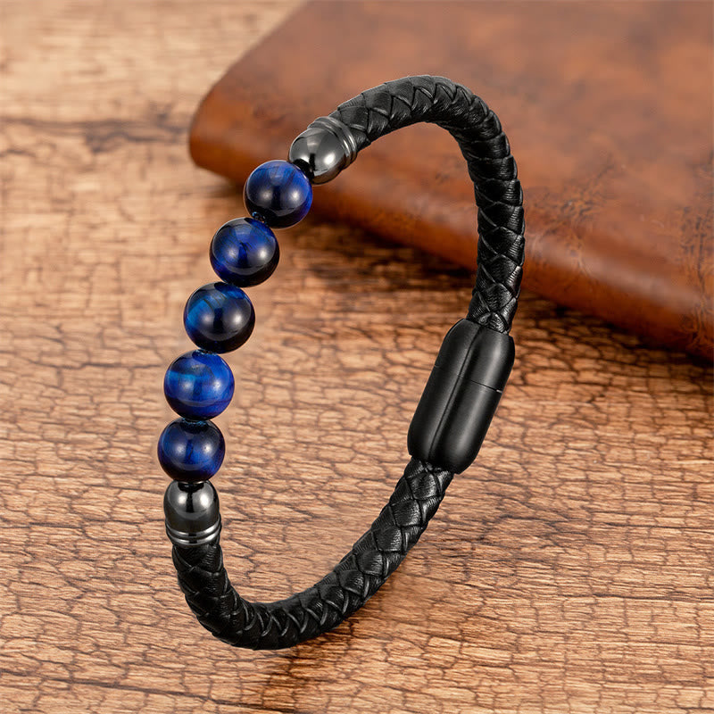 KarmaRipple's Blue Agate Tiger Eye Lava Rock Black Onyx Lazurite Bead Protection Leather Bracelet p3
